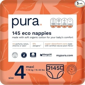 Pura Premium Eco Baby Toddler Nappies Size 4 (Maxi 7-18kg / 15-40 lbs) Monthly Pack 5 x 29 per pack, 145 Nappies, EU Ecolabel Certified, Made with Organic Cotton, up to 12 hour Leakage Protection