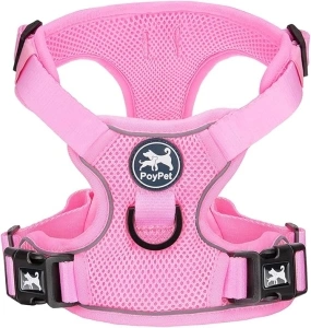 PoyPet Reflective Soft Breathable Mesh Dog Harness Choke-Free Double Padded Vest with Adjustable Neck and Chest(Light Pink,L)