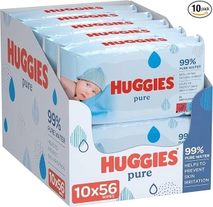 Huggies Pure Baby Wipes - Pack of 10 (10 x 56 Packs, Total 560 Wipes)