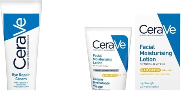 CeraVe Eye Repair Cream for Dark Circles & Puffiness 14ml with Hyaluronic Acid and 3 Essential Ceramides & AM Facial Moisturising Lotion SPF50 with Ceramides & Vitamin E for Normal to Dry Skin 52ml