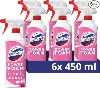 Domestos Power Foam Floral Burst Toilet & Bathroom Cleaner Spray sprays upside down & eliminates 99.99% of germs* multi purpose cleaner for cleaning inside toilet & around bathroom 6x 450 ml