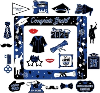 Satiskid 21 PCS 2024 Graduation Photo Booth Props, Funny Graduation Party Selfie Props, Blue & Black Inflatable Photo Frame with 20 PCS Photo Booth Props, Graduation Party Decorations Favours