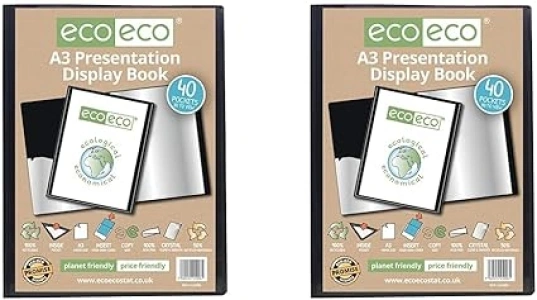 eco-eco A3 Size 50% Recycled 40 Pocket Black Presentation Display Book, Storage Case Portfolio Art Folder with Plastic Sleeves (Pack of 2)