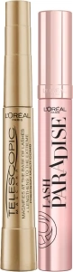 L'Oréal Paris Telescopic & Lash Paradise Mascara Set for Dramatic Volume and Length, Suitable for Sensitive Eyes, Black