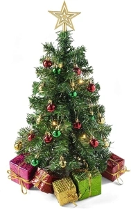 Prextex 23-Inch/1.91Ft Green Christmas Tree with Warm-White LED Lights - DIY Tabletop Mini Artificial Xmas Tree with Star Treetop, Tiny Gift Boxes, and Hanging Ornaments for Mini Christmas Decorations