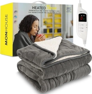 MONHOUSE Heated Throw - Electric Blanket - Digital Controller - Timer up to 9 hours, 9 Heat Settings, Auto Shutoff - Machine Washable - Double 150X200cm - GREY SHEARLING