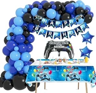 Birthday Decorations for Boys, Video Game Party Decorations with Happy Birthday Banner Controller Balloon Star Balloons Table Covers and Blue Black Balloons, Kids Party Supplies for Gamer Party