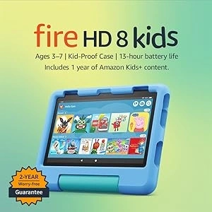 Amazon Fire HD 8 Kids tablet | 8-inch HD display, ages 3–7, includes 2-year worry-free guarantee, Kid-Proof Case, 32 GB, 2022 release, Blue