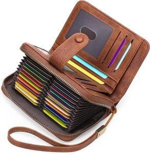 GAEKEAO Small Purse for Women, RFID Blocking Credit Card Holder, Bifold Wristlet Womens Wallet Leather Zipper Card Case 32 Slots