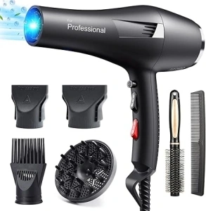 HappyGoo Hair Dryer Professional Ionic Hairdryer Fast Drying Salon with 2 Speed 3 Heat Setting, Cool Button, with Diffuser, Nozzle, Concentrator Comb for Women Man