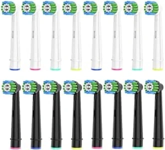 16 Count Replacement Toothbrush Heads Compatible for Braun Oral B Electric Toothbrush. 8pcs White and 8pcs Black.