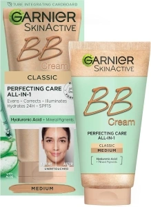 Garnier SkinActive Classic Perfecting All-in-1 BB Cream, Shade Classic Medium, Tinted Moisturiser SPF 15, Brightens and Evens Skin, With Hyaluronic Acid, Aloe & Mineral Pigments, 50 ml , Pack of 1