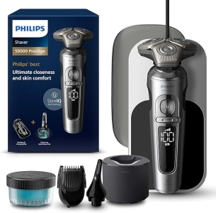 Philips Shaver Series 9000 Prestige Wet & Dry Electric Shaver Lift & Cut Shaving System SkinIQ Technology, Beard Styler, Nose Trimmer, Qi Charging Pad, Model SP9885/35 Bright Chrome Brushed