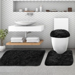 McEu Bathroom Mats Sets 3 Piece, Non Slip Washable Faux Fur Bath Mats and U Shaped Toilet Mat Set with Toilet Lid Cover, Soft Microfiber Long Pile Water Absorbent Bath Rugs for Bathroom, Black