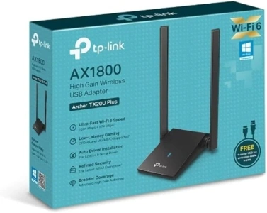 TP-Link AX1800 Wi-Fi 6 Dual Antennas High Gain Wireless USB 3.0 Adapter, Dual-Band, Auto Driver, MU-MIMO, Low- Latency, 1m Cable, Supports Windows 10/11, Highly Secure WPA3 (Archer TX20U Plus), Black