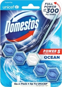 Domestos Power 5 Ocean Toilet Rim Block toilet freshener with a long-lasting fragrance cleans and freshens for up to 300 flushes 50 g