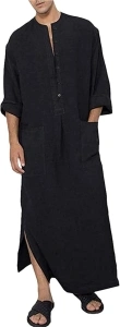 YAOHUOLE Men's Long Sleeve Thobe Button Up Abaya Long Gown Side Split Kaftan Robe with Pockets