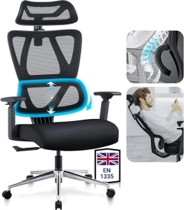 MELOKEA Ergonomic Office Chair with Auto-chasing Lumbar Support 3D Arm Widened Headrest Spring Seat Cushion Patented Weight-sensing Base 133° Lock Solidly Built Mesh, EN1335 Standard ReliefBack Pro