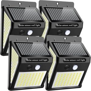 CROSS ZEBRA Solar Security Lights Outdoor PIR Motion Sensor Wall Lights 144 LED IP65 Waterproof 300° Wide Angle Lighting Super Bright Solar Powered Lights for Patio Garage Fence Driveway Yard(4 Pack)