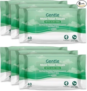 by Amazon Gentle Moist Toilet Tissues with Aloe Vera, Flushable, 240 Count (6 Packs of 40 sheets) (Previously Presto!)