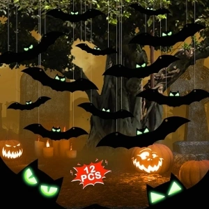 12PCS Halloween Decorations Hanging Bats, Halloween Decorations Outdoor Flying Bat Hanging with Glowing Eyes for Halloween Decor Yard Party Decoration Supplies