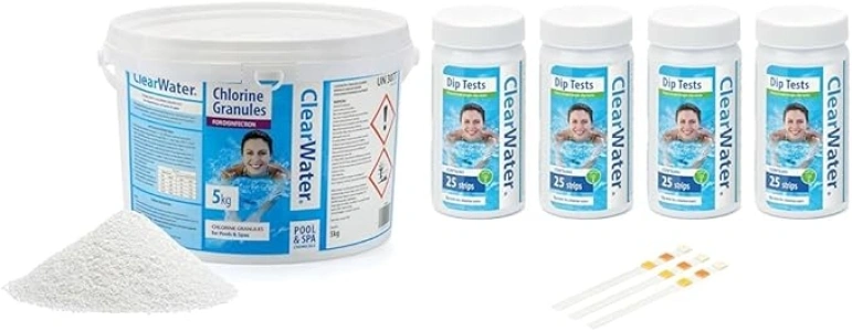 Clearwater CH0040 Chlorine Granules for Hot Tub Spa and Swimming Pool Water Treatment & Hot Tub, Pool and Spa Test Strips x 100-3 in 1-Measures Chlorine, PH and Total Alkalinity