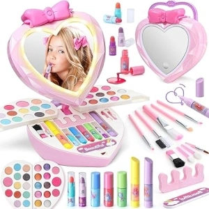 Kids Makeup Sets for Girls Toys, Washable Make Up Kit for Girls Dress Up Princess Pretend Play Makeup LED Lighted Mirror & Nail Art Pen, Christmas Birthday Gifts for Girls Kids Aged 3 4 5 6 7 8 9 10