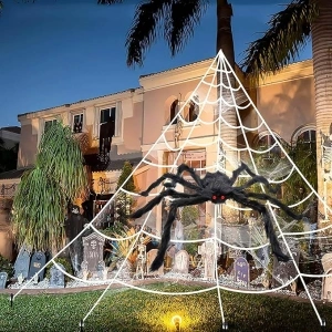 Halloween Decorations Spider Web, 50'' Giant Halloween Spider 200'' Triangular Web with 5 Ground Stakes 1 Gutter Hook, Halloween Decor Set for Indoor Outdoor Garden Spooky Halloween Party Decorations