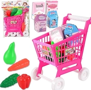 Kids Shopping Cart Trolley Toy, 21PCS Supermarket Shopping Playset Cart with Food Fruit Vegetables, Pretend to Play Role Play Educational Toy Gift for Kids Shopping Store Cart Accessory (Pink)