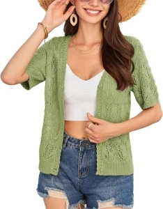 GRACE KARIN Women Cardigan Hollow Out Crochet Knit Cropped Shrugs Short Sleeved V Neck Sweater