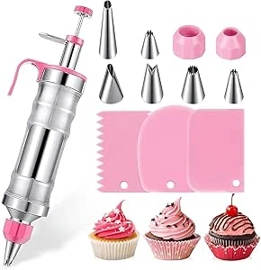 Icing Piping Gun for Cake Decorating, 14Oz Large Stainless Steel Frosting Baking Tools, Piping Icing Syringe Set Piping Bags and Nozzles Set with 6 Tips 2 Couplers 3 Cake Scrapers