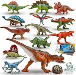 Oriate Mini Dinosaur Figures Toys Set, Big T rex Carnotaurus with 12 Miniature Figurine| 25 Dino Fact Cards| Children's Birthday Gift 207-5