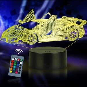 JQGO 3D Illusion Lamp Night Light, Optical Bedside Table Night Lights Illuminating Kids Lamp Sleeping Lighting 16 Colour Changing Touch Button Decoration Desk Lamps with Remote Control, Supercar