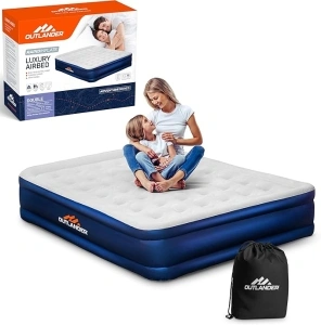 Vivo Technologies Luxury High Raise Flocked Double Air Bed, Waterproof Blow Up Mattress with Built-in Pump & Storage Bag, Quick Self Inflation Deflation Airbed for Guests, Camping & Home Use