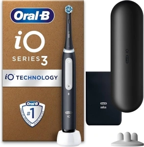 Oral-B iO 3 Matt Black Ultimate Clean Electric Toothbrush, 1 Refill Holder, 1 Charger Pouch, 1 Travel Case, Designed by Braun