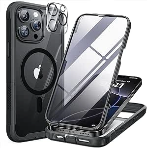 Miracase Magnetic Case for iPhone 16 Pro Case 6.3-Inch, Full Body Bumper Case Compatible with MagSafe and Built-in 9H Tempered Glass Screen Protector + Camera Lens Protector (Black)