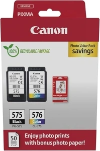 Canon PG-575 / CL-576 Genuine Ink Cartridges, Pack of 2 (1 x Black, 1 x Colour); Includes 50 sheets of 4x6 Photo Paper - Cardboard Multipack