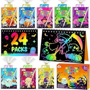 ZMLM Halloween Party Bag Fillers for Kids: Scratch Art for Kids Halloween Bags Gifts Toys Bulk Scratch Art Notebook 24 Pack Scratch Paper Party Favor Art Craft Kit Scratch Pads Classroom Prizes