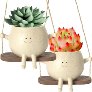 BLOOOK Hanging Flower Pots, Swing Face Planter, Hanging Flower Pot with Swing Face, Hanging Plant Pot, Resin Planters, Cute Smile, Flower Pot Pendant for Outdoor Garden (A*2)