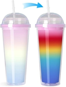 710ml Colour Changing Cups Reusable Plastic Cup with Lids and Straws Rainbow Double Walled Plastic Tumbler Transparent Water Tumbler for Iced Coffee Cups Travel Juice (Rainbow B)