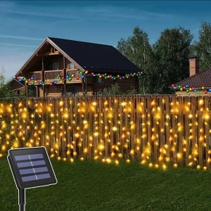 CCILAND Solar Curtain Lights Outdoor 6M x 1M 300 LED Green Wire Waterproof Waterfall Curtain String Lights for Patio Gazebo Party Summer Decoration - Warm White