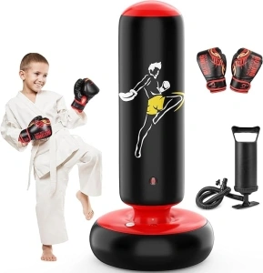 QPAU Larger Stable Punching Bag for Kids, Tall 66 Inch Inflatable Boxing Bag, Gifts for Boys & Girls Age +6 for Practicing Karate, Taekwondo, MMA and to Relieve Pent Up Energy in Kids and Adults