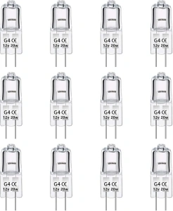 12 Pack G4 Halogen Light Bulbs 20W 12V, Dimmable 2 Pin Lamp Bulb Clear Capsule Lamp, 2700K Warm White, 280 LM, 2 Pin Base Halogen Lamps, for Interior Lighting, Track Lighting, Cabinet Lighting