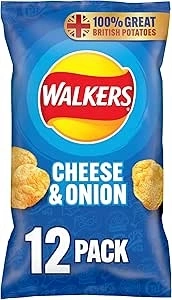 Walkers Cheese and Onion Vegetarian Multipack Crisps, Ideal for Lunch and Snacking 12x25 g