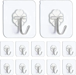 TRHDFW Self Adhesive Hooks,12 PCS Heavy Duty Door Wall Adhesive Hooks for Kitchen, Bathroom, Office, Closet, Hanging Coat Cloth Towel Key Decorations