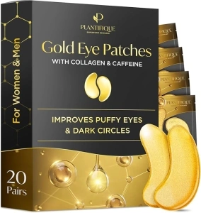 Plantifique Under Eye Gel Patches, 20 Pairs Gold Under Eye Patches for Dark Circles with Collagen & Caffeine, Cooling Eye Mask for Puffy Eyes and Bags, Gel Eye Pads, Under Eye Masks Skincare