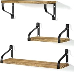 Love-KANKEI Rustic Shelves, Decorative Wall Shelf Set of 3, Floating Shelves for Bathroom, Bedroom, Living Room,Kitchen, Office and More, Carbonized Black