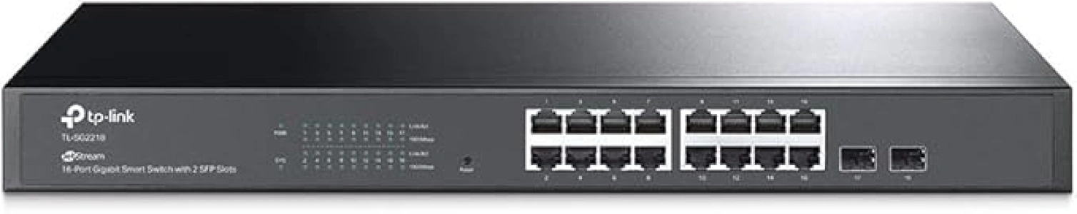 TP-Link JetStream 16-Port Gigabit Smart Switch with 2 SFP Slots, L2/L3/L4 QoS and IGMP snooping with Standalone Management, Centralized Management, Fanless, Rack Mountable (TL-SG2218), Black