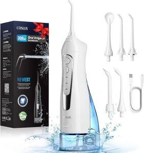 COSLUS Water Dental Flosser Teeth Pick: Portable Cordless Oral Irrigator 300ML Rechargeable Travel Irrigation Cleaner IPX7 Waterproof Flossing Machine for Teeth Cleaning