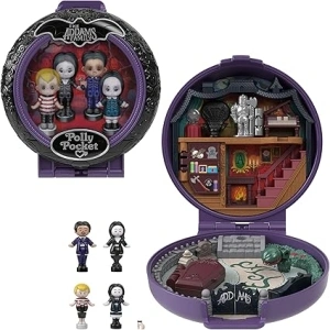 Polly Pocket Collector Playset, The Addams Family Compact with 4 Special Edition Character Dolls and 10 Accessories, HXW25